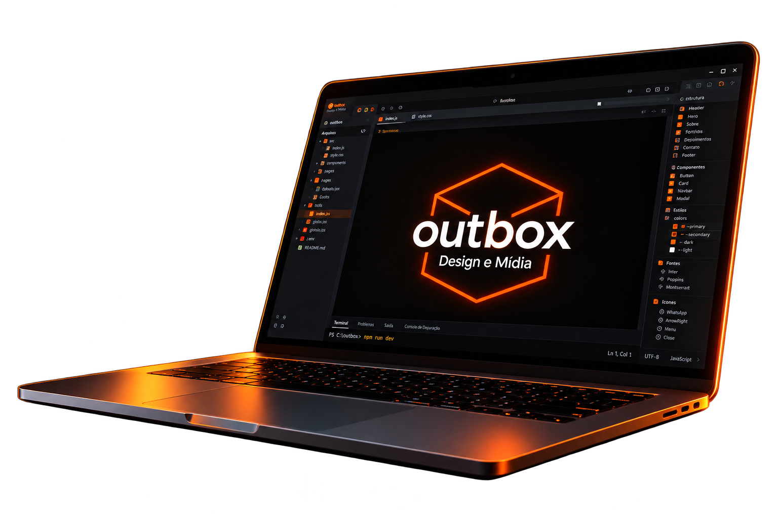 Notebook com tela exibindo o logotipo da Outbox